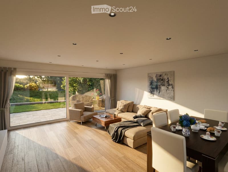 Modern living and dining area with light wood flooring, large windows, a beige sofa, coffee table, dining table with chairs, and decorative vases.