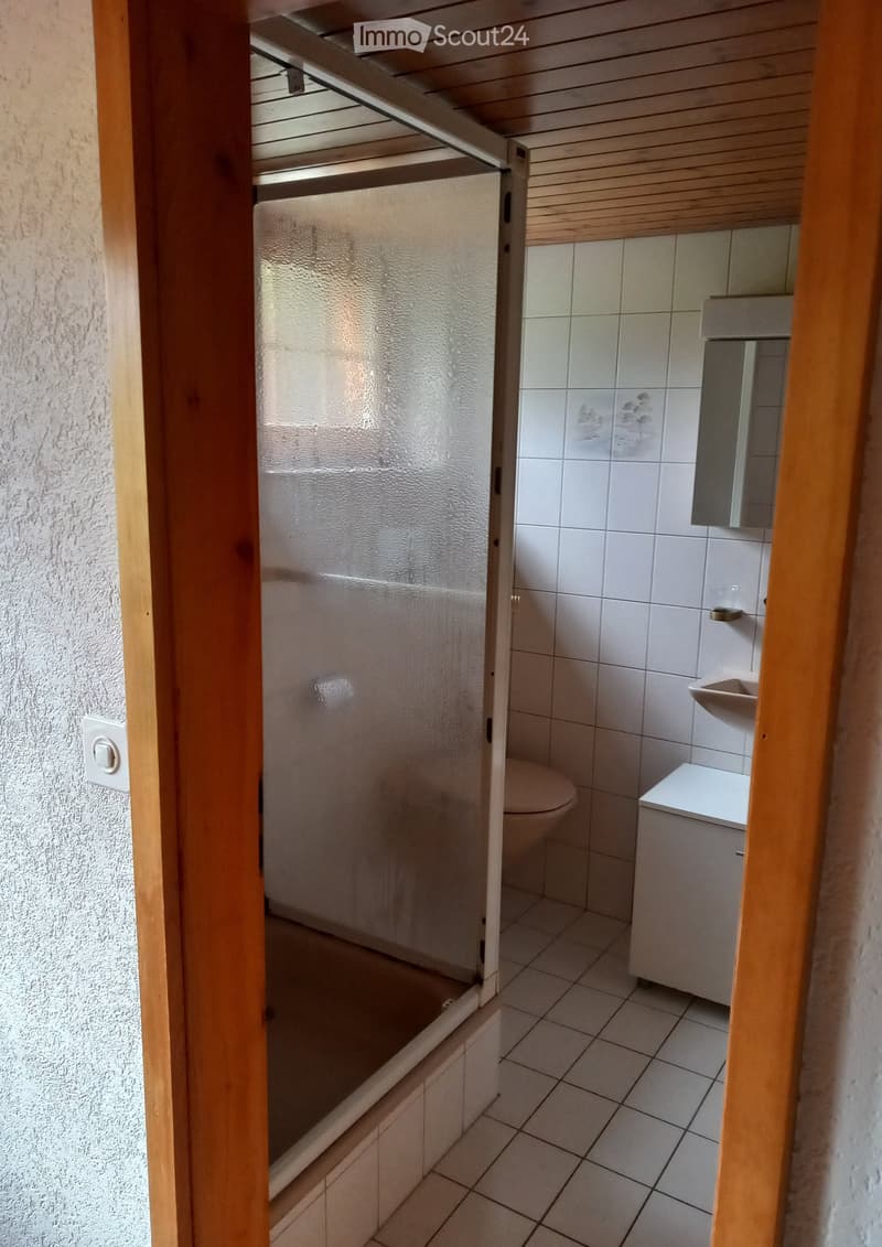 Small bathroom with white tiled walls and floor, featuring a toilet, sink with mirror, and a shower with a glass door.