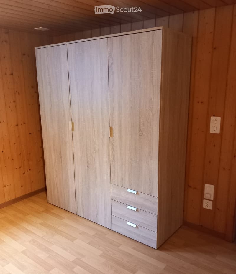 Empty room with light wooden walls and floor, featuring a large built-in wardrobe with multiple doors and drawers.