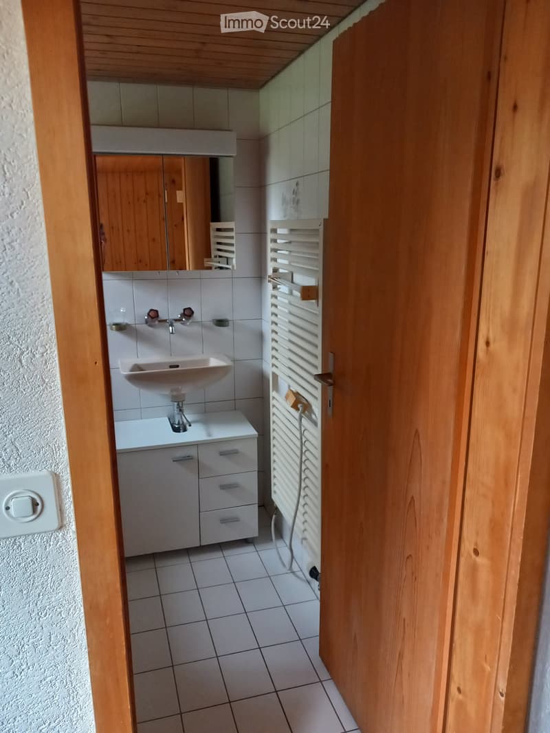 Small bathroom with white tiled floor and walls, a white sink with a chrome faucet, a mirrored cabinet, and a white radiator with a towel rack.