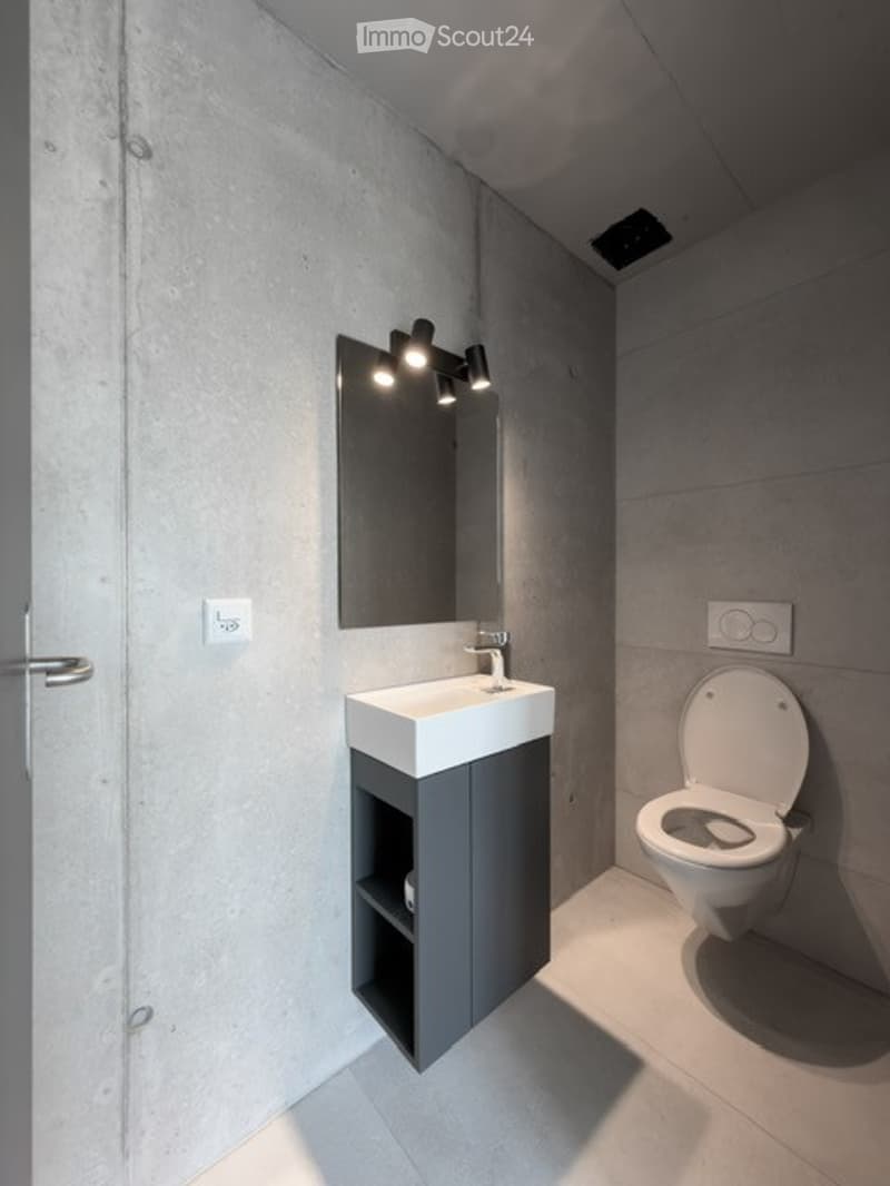 Modern bathroom with a white sink, dark grey cabinet, large mirror, and a toilet. The walls are concrete, and the floor is light grey tiles.