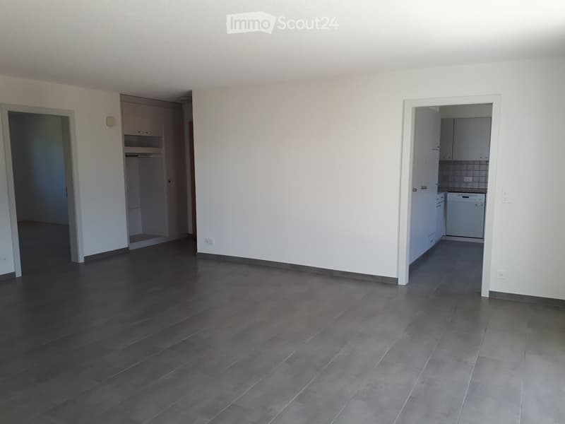 Empty room with dark tiled floor, white walls, and open doorways leading to a closet and a kitchen area.