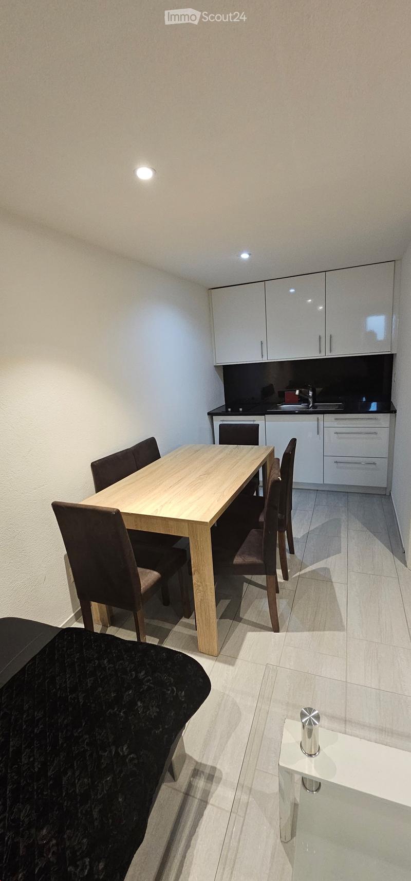 A modern, open-plan living and dining area with a wooden dining table, four chairs, a sofa, and a small kitchen area with white cabinets and a sink.