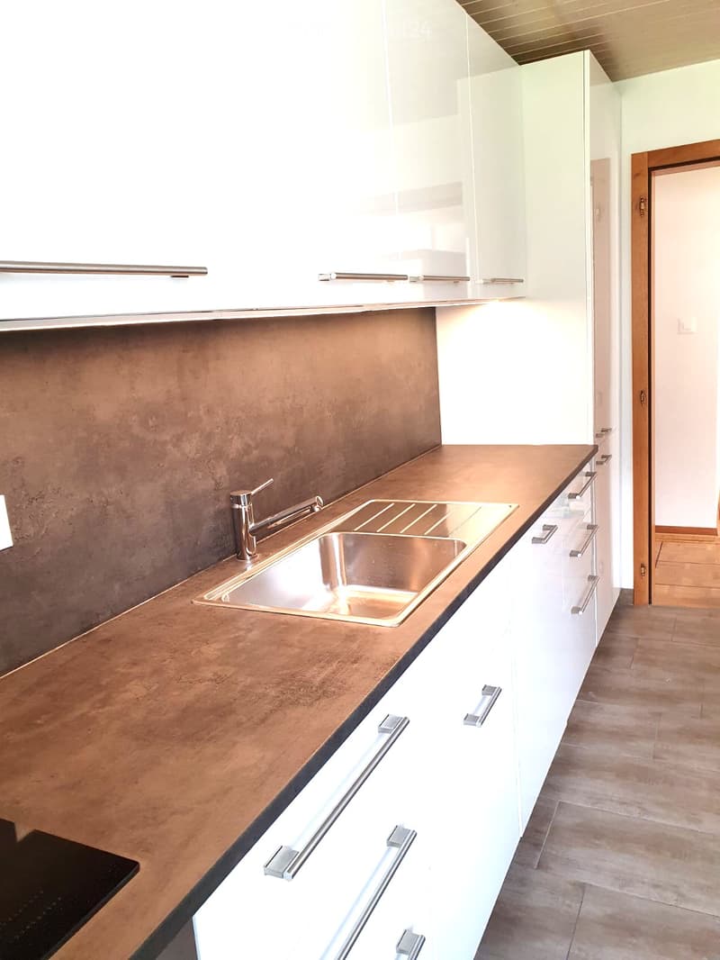 Modern kitchen with white cabinets, a stainless steel sink, and a brown countertop.