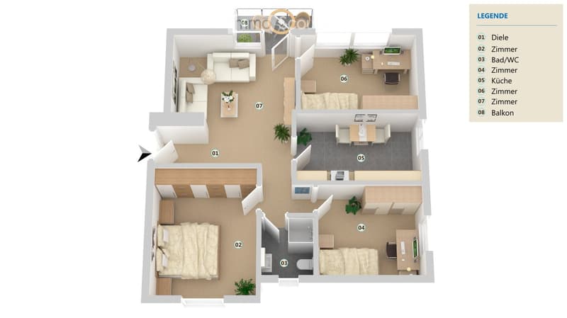 Floor plan showing a modern apartment layout with multiple rooms including living area, bedrooms, kitchen, bathrooms, and a balcony.
