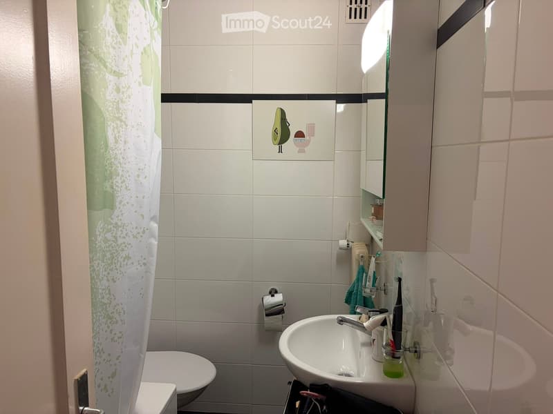 Modern bathroom with white tiles, a sink with a faucet, a toothbrush holder, a toilet, a mirror, and a cabinet. A green shower curtain is visible on the left side.