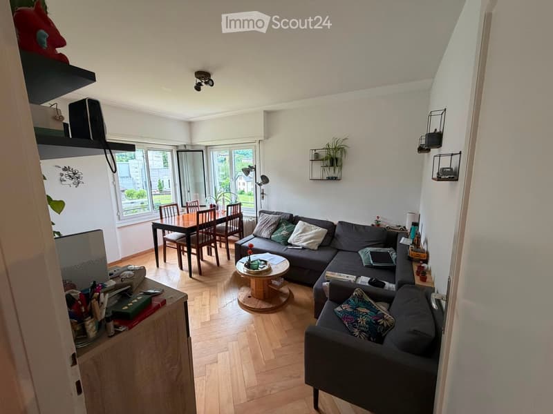 Bright living room with wooden flooring, grey sectional sofa, coffee table, dining area with table and chairs, and shelves with plants and decor.