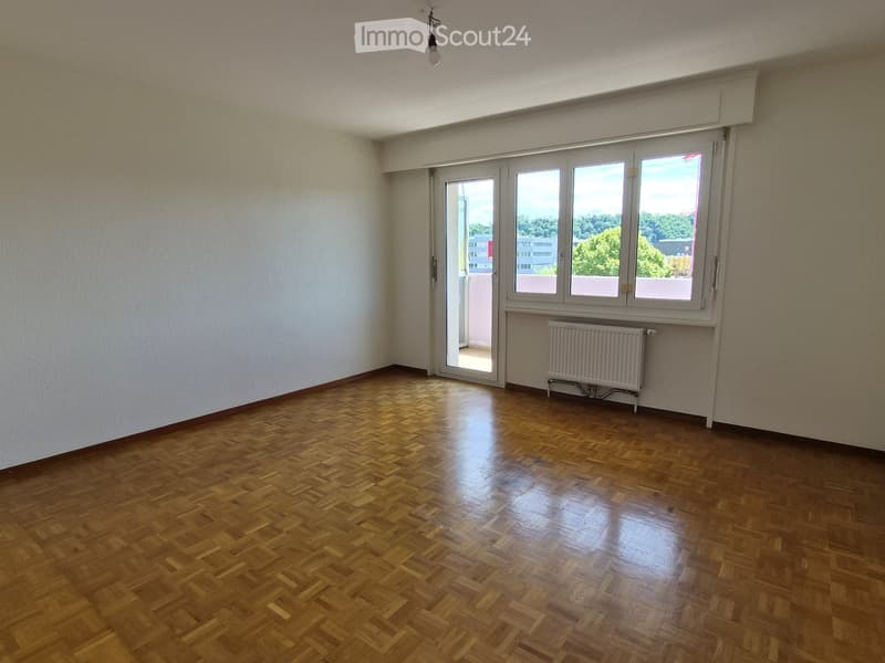 Empty room with wooden parquet flooring, white walls, large windows, and a radiator under the windows.