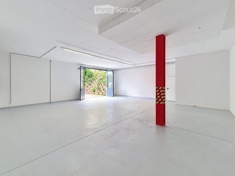 Empty room with white walls, concrete floor, and a large open doorway leading to an outdoor area. A red column is present in the center.