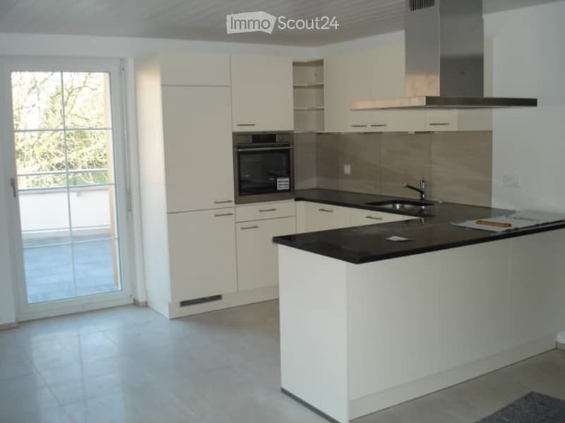 Modern kitchen with white cabinets, black countertops, built-in oven, and stainless steel range hood.