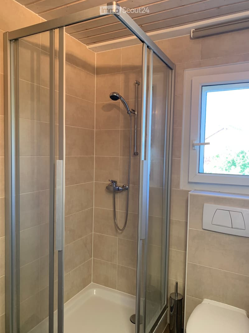 Modern bathroom with a glass-enclosed shower, bathtub, toilet, and a window providing natural light.