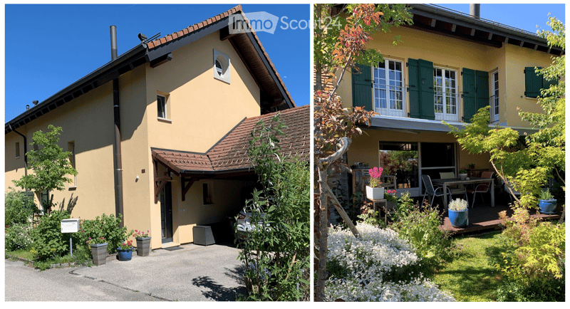 Two-story yellow house with a tiled roof, garage, and well-maintained garden with potted plants and outdoor furniture.