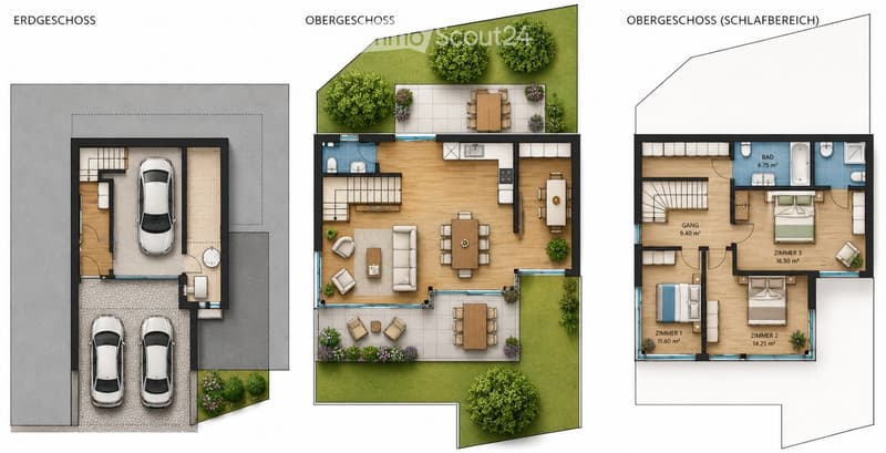 Floor plan showing three levels: ground floor with garage and parking, first floor with living and dining areas, second floor with bedrooms and bathroom.