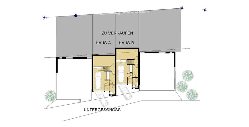 Floor plan showing two houses (Haus A and Haus B) with a shared underground parking area, labeled for sale.