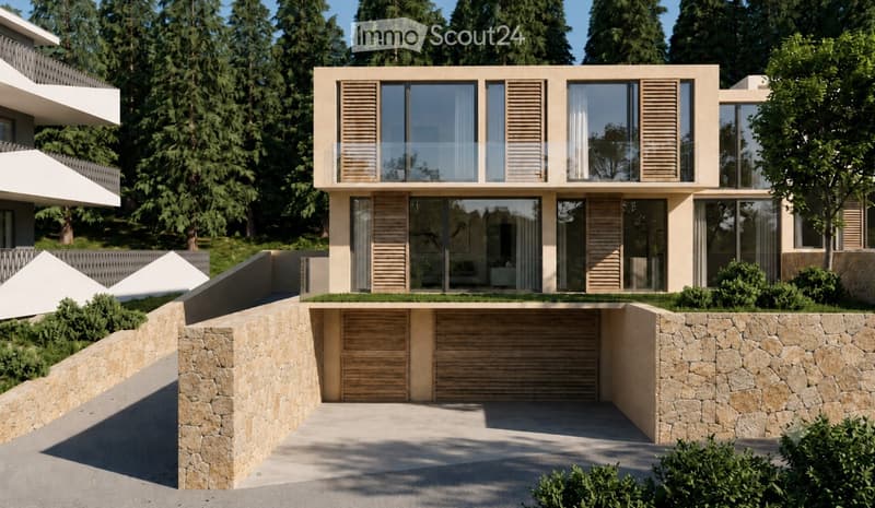Modern two-story house with large windows, wooden shutters, stone walls, and a raised ground floor with a garage entrance.