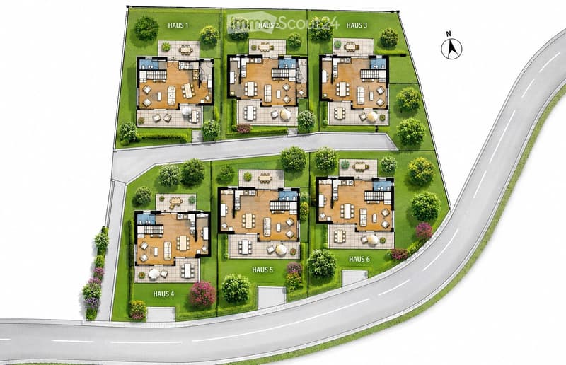 A floor plan of six houses (HAUS 1 to HAUS 6) arranged on a green lawn with trees and pathways. Each house includes multiple rooms, outdoor seating areas, and private spaces.