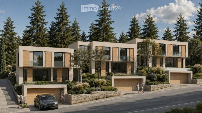 Modern two-story house with large windows, wooden shutters, and a spacious driveway with two garages.