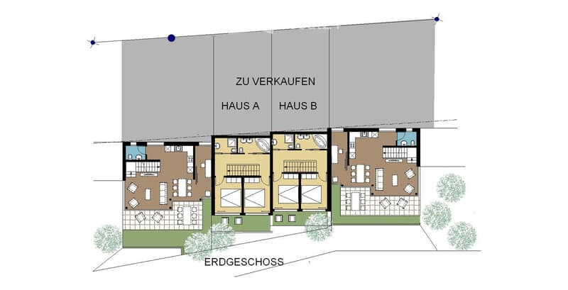 Floor plan of a two-house complex with labeled Haus A and Haus B for sale, showing multiple rooms, bathrooms, and outdoor spaces on the ground floor.