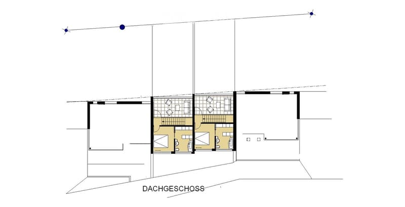 Floor plan of a multi-level building with a roof terrace (Dachgeschoss). The layout includes a living area, kitchen, bedrooms, bathrooms, and a balcony.