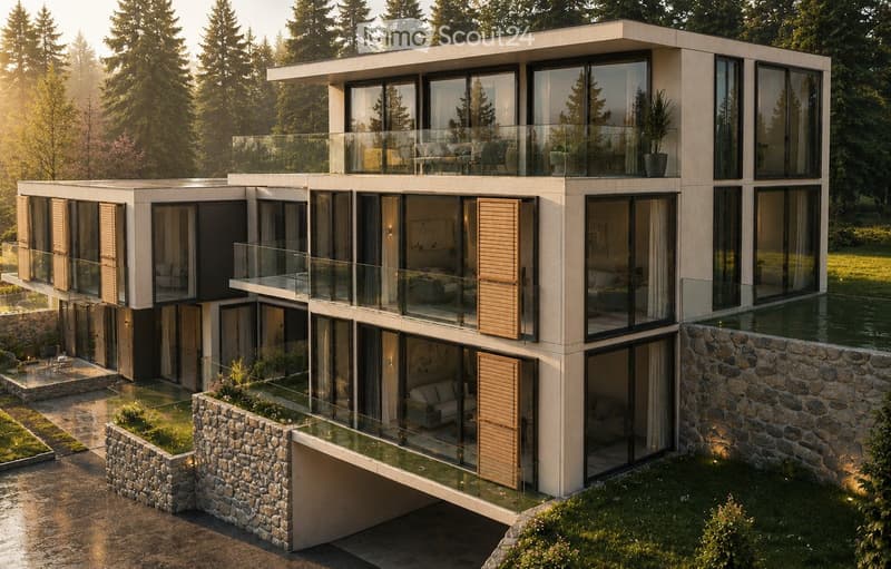 Modern two-story house with large glass windows, wooden shutters, and a raised ground floor. Features include balconies, a stone retaining wall, and a landscaped garden area.
