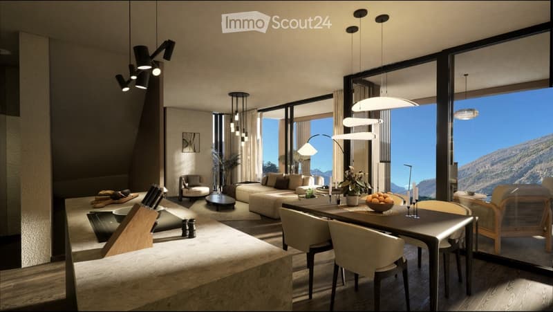 Modern open-plan living and dining area with large windows offering a scenic view, featuring a sofa, coffee table, dining table with chairs, pendant lights, and a kitchen island.
