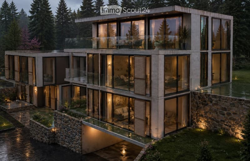 Modern two-story house with large glass windows and balconies, surrounded by lush greenery and a stone foundation.
