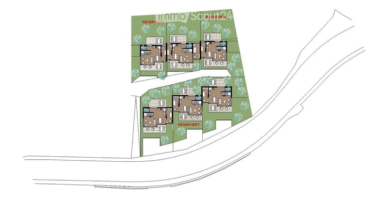 Floor plan of a residential complex with multiple apartments, common areas, and reserved green spaces.