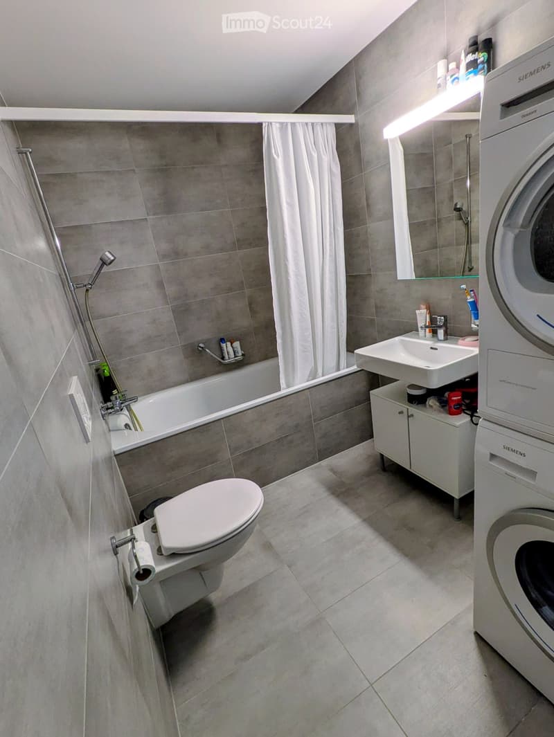 Modern bathroom with a toilet, bathtub, sink, mirror, shower, washing machine, and cabinet. The walls are tiled in a neutral gray color, and the floor is tiled in a light gray color.