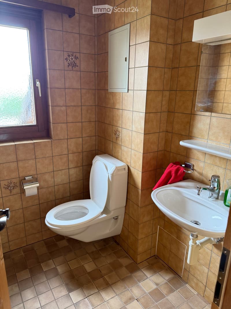 Bathroom with beige tiled walls and floor, featuring a toilet, sink with faucet, mirror, cabinet, and a red towel on the sink.