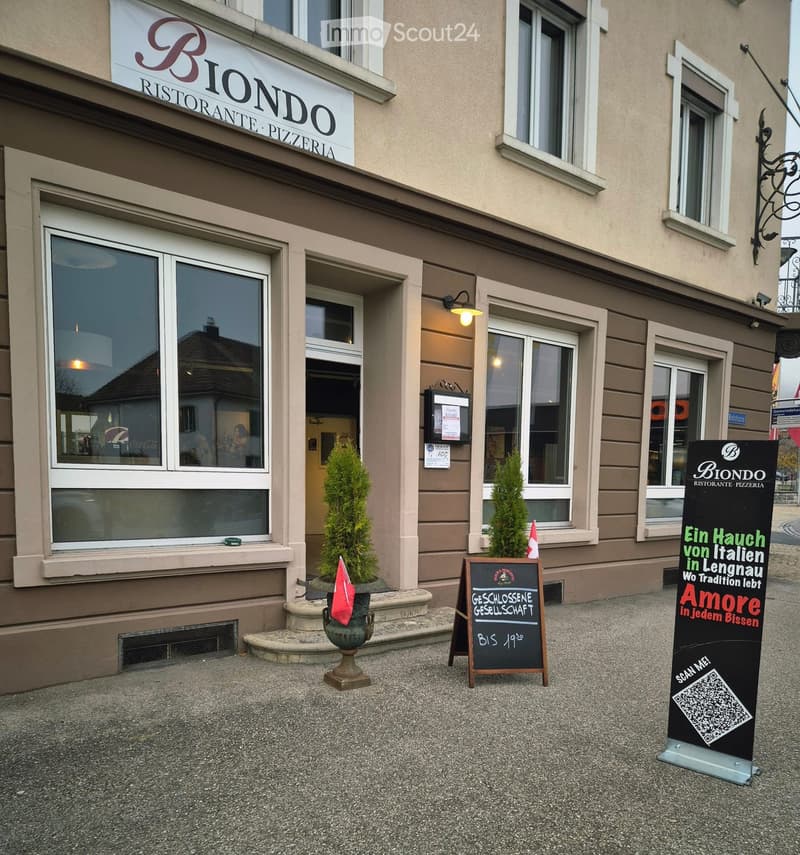 Facade of a restaurant named "Biondo Ristorante Pizzeria" with signage, windows, and small potted trees in front.