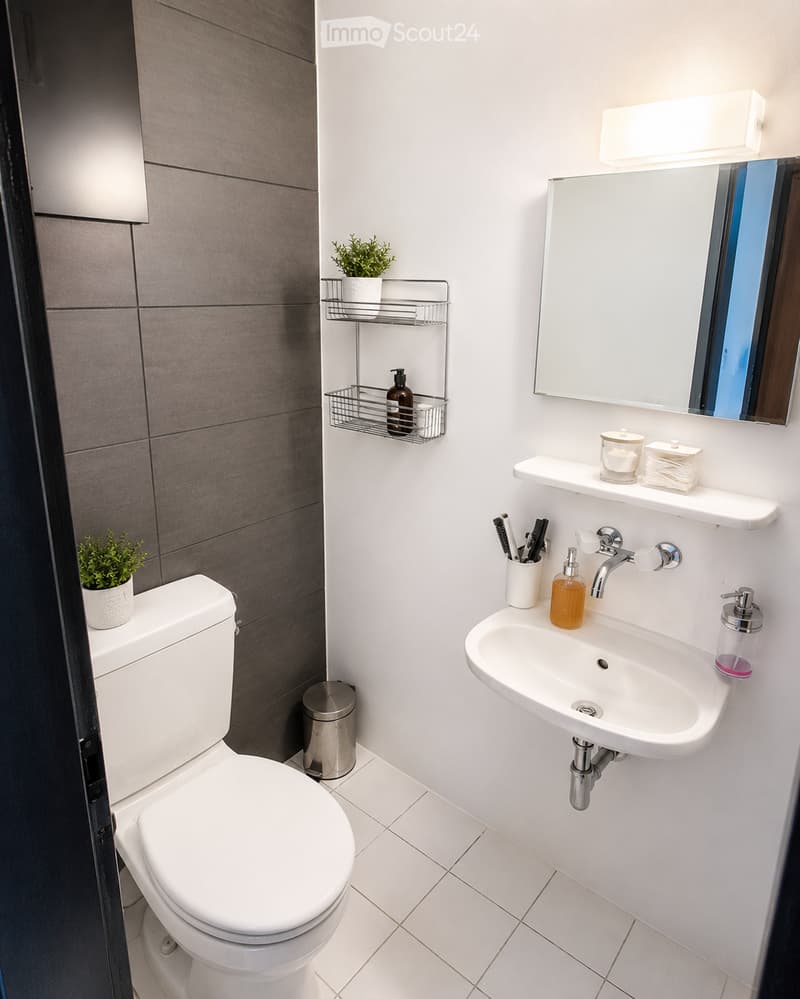 Modern bathroom with white tiles, a toilet, a sink with a mirror, a toothbrush holder, a soap dispenser, a towel rack, a small plant, and a trash can.