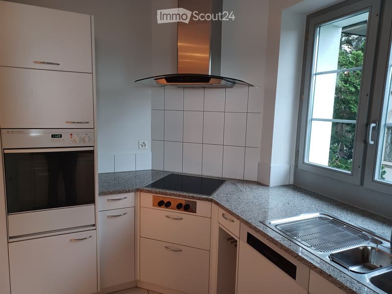 Modern kitchen with white cabinets, granite countertops, stainless steel sink, induction stove, and built-in oven.