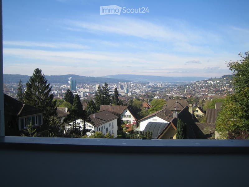 View from a balcony showing a cityscape with residential houses, trees, and distant mountains under a clear sky.