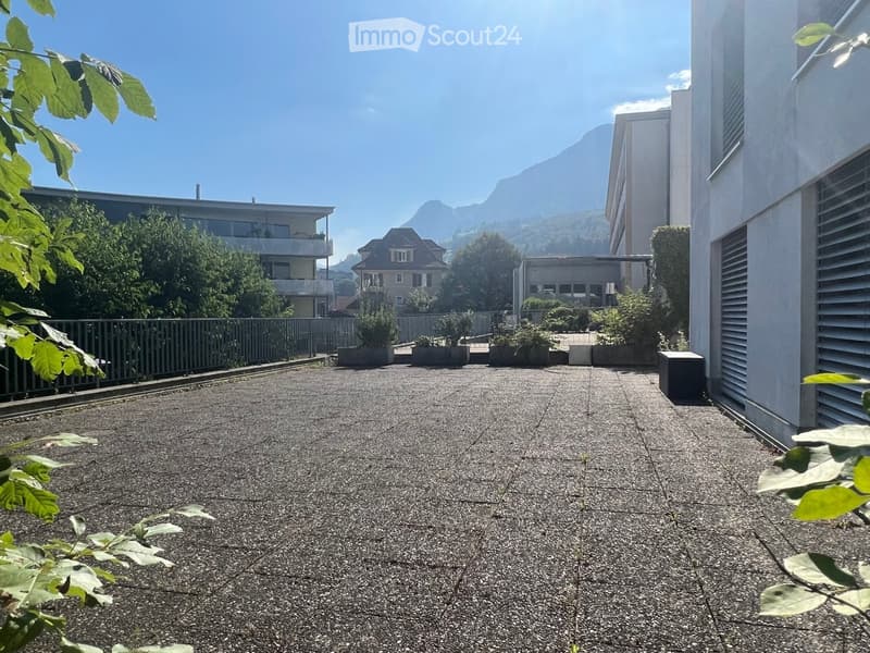 Roof terrace with gravel surface, low fence, potted plants, and distant mountain view.
