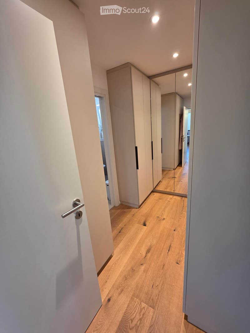 Modern hallway with light wooden flooring, white walls, built-in wardrobes, and recessed lighting.