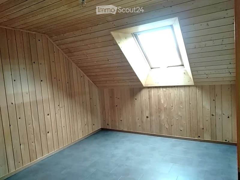 Completely empty room with wooden walls and ceiling, blue carpeted floor, and a skylight window.