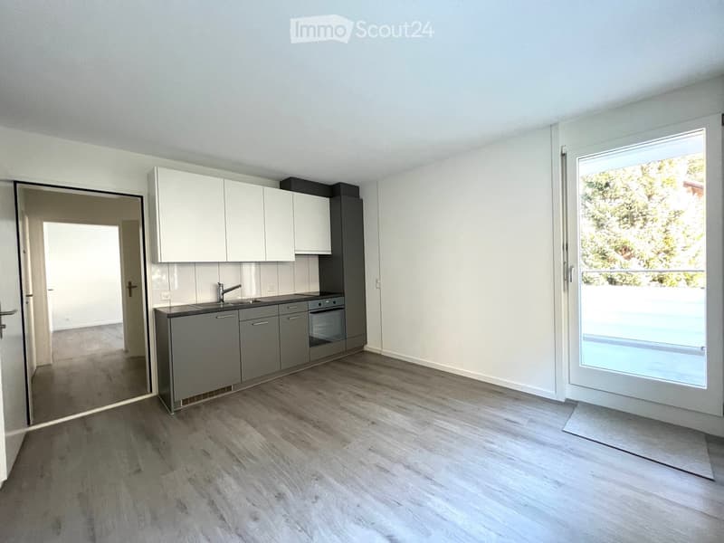 Modern kitchen with light grey cabinets, stainless steel sink, and oven. Large window with view to outdoor area.