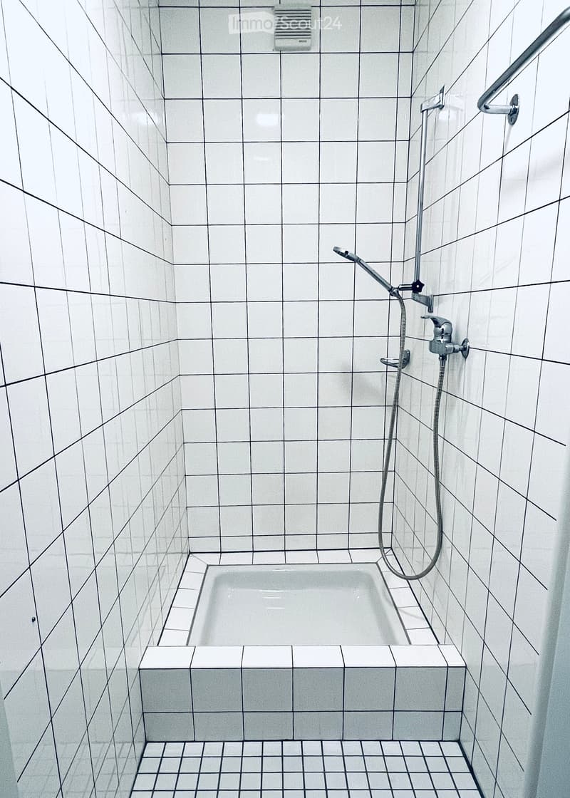 Modern bathroom with white tiled walls and floor, featuring a bathtub and a handheld showerhead with multiple spray options.