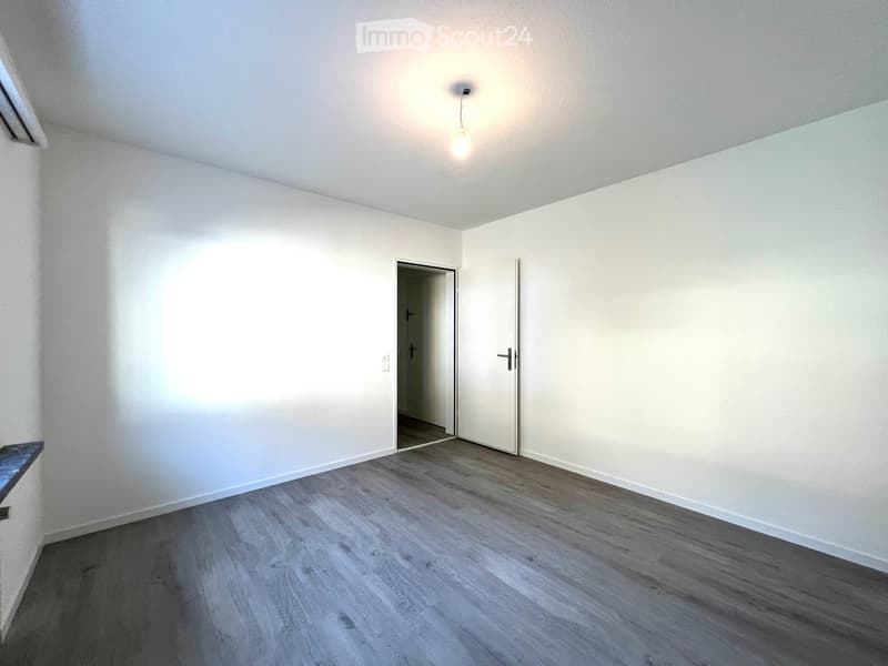 Empty room with light-colored walls, wooden flooring, and a single light fixture on the ceiling. Two doors are visible, one leading to another room.