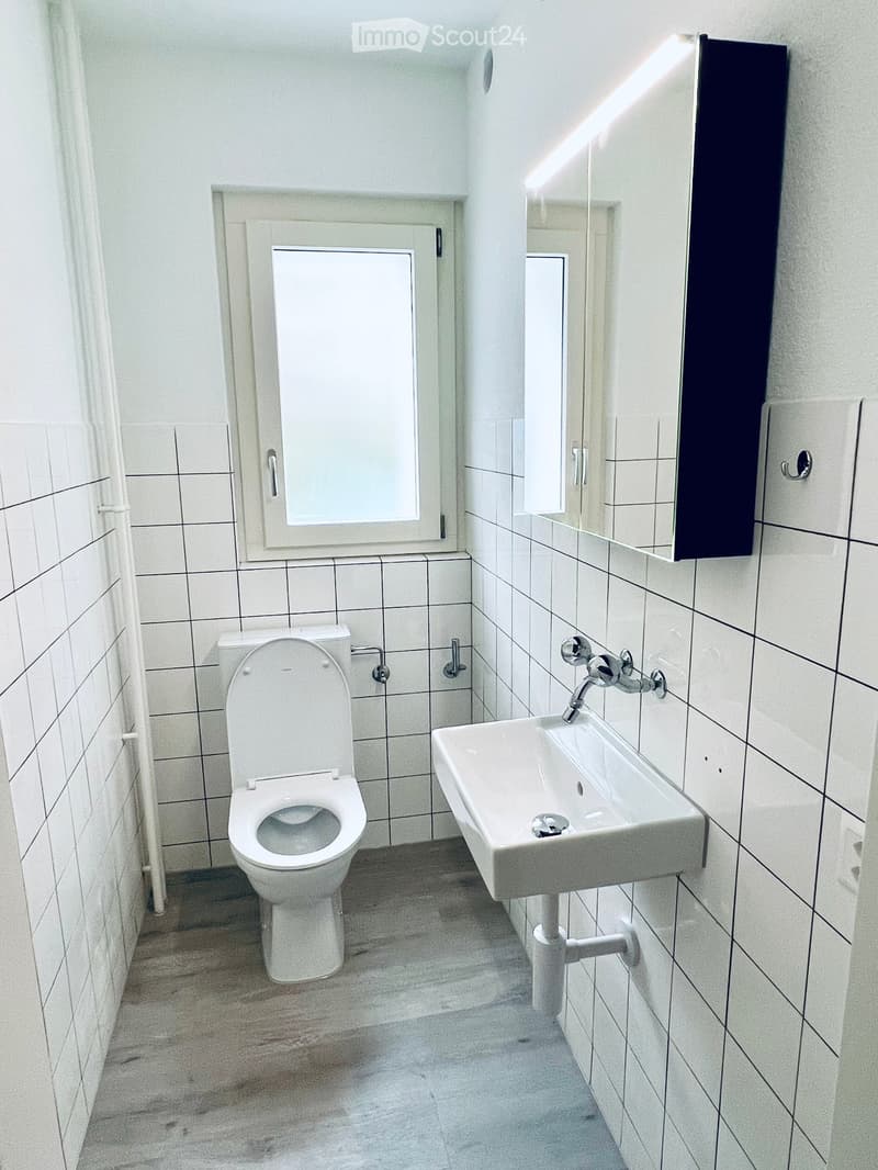 Modern bathroom with white tiled walls, a toilet, a sink with a chrome faucet, and a large mirror above the sink.