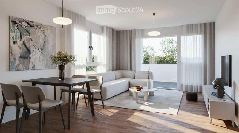 Modern living room with a white sectional sofa, a dark wooden dining table with four chairs, a white coffee table, a floor lamp, and a TV stand with a screen. The room features large windows with sheer curtains, a painting on the wall, and a vase with dri