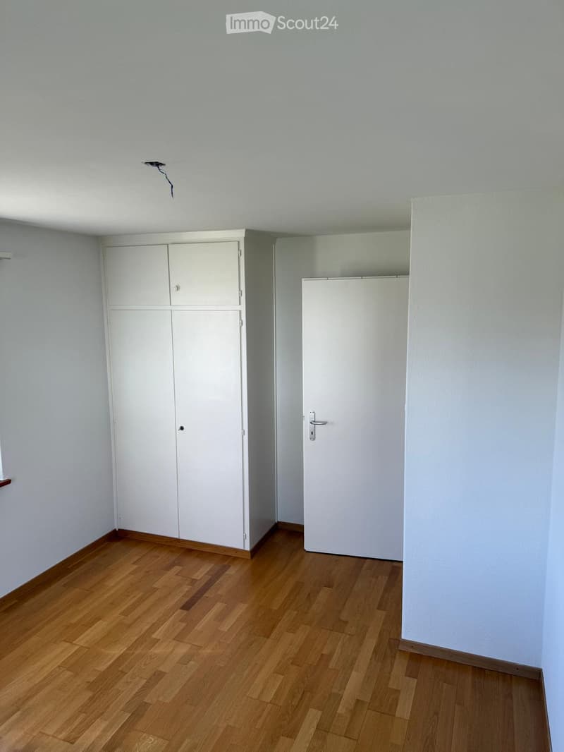 Empty room with light wooden flooring, white walls, and built-in white cabinets. No furniture or personal items are present.
