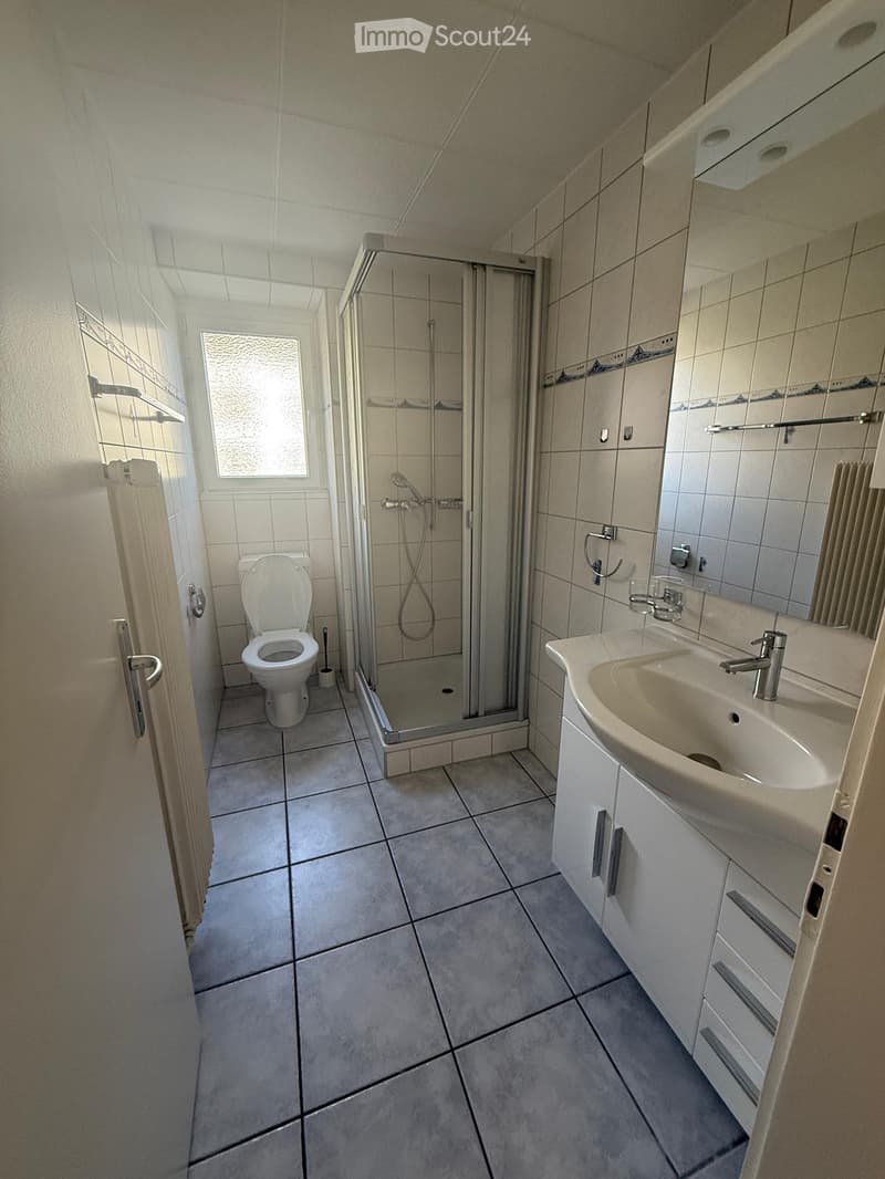 Modern bathroom with tiled walls and floor, featuring a toilet, sink with faucet, shower stall, and a mirror above the sink.