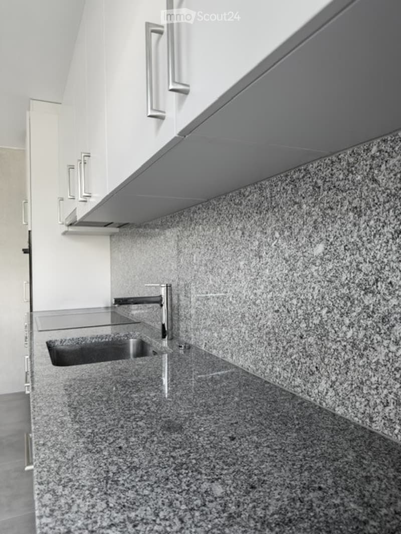 Modern kitchen with granite countertops, stainless steel sink, and white cabinets.