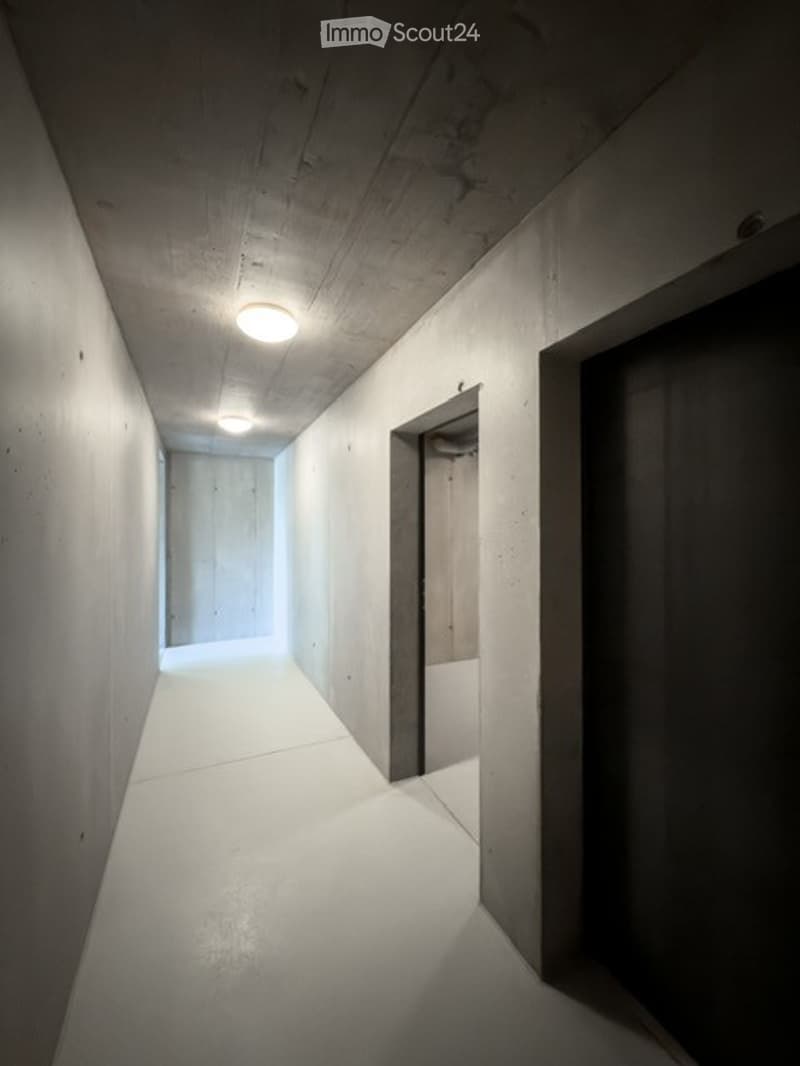 Minimalist hallway with white walls, concrete ceiling, and recessed lighting. The space is clean and uncluttered, with a smooth tiled floor and a closed door at the end.