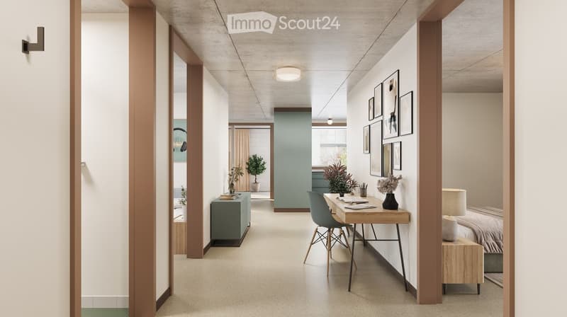 Modern hallway leading to a furnished room with a desk, chair, bed, nightstand, and decorative items.