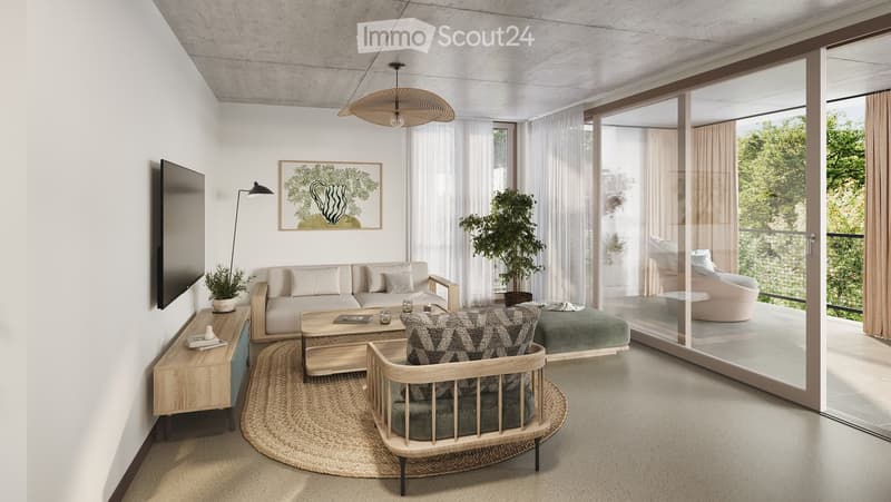 Modern living room with a sofa, coffee table, armchair, side table, floor lamp, TV screen, and plants. Large sliding glass doors open to a balcony.