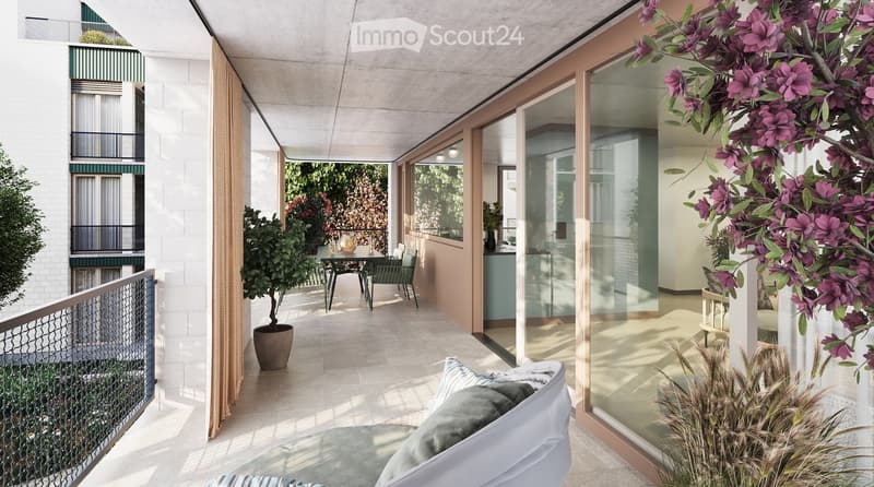 Modern balcony with white seating, potted plants, and a view of the building exterior.