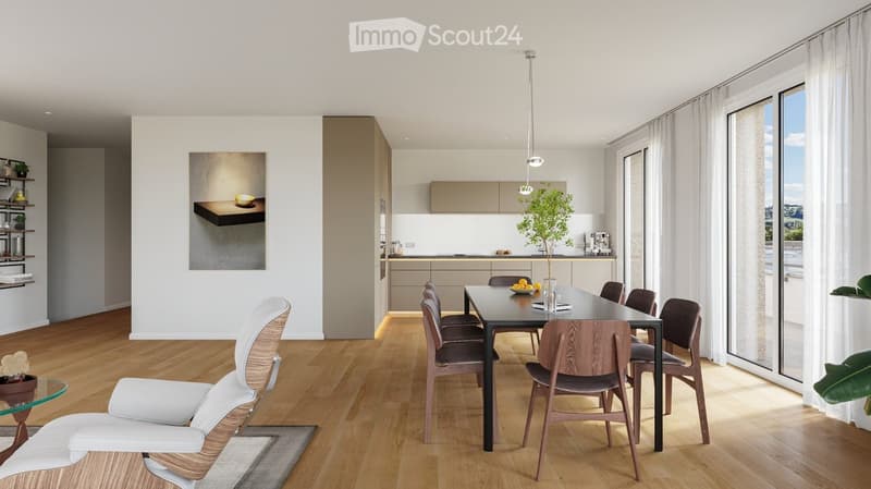 Modern dining area with a sleek black dining table surrounded by wooden chairs, a pendant light hanging above, and a small kitchen area with cabinets and a countertop. A white lounge chair is positioned near a glass side table, and large windows with shee