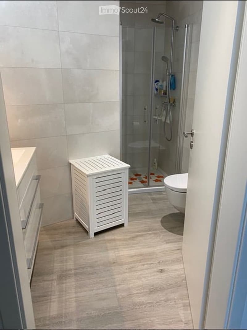 white tile walls, wooden floor, walk-in shower, white sink, white toilet, storage box